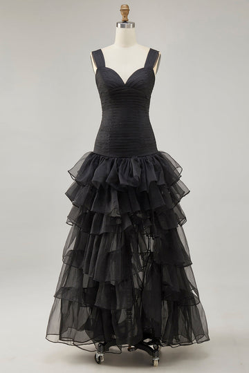 Svart Organza A-linje High-Low Formell Klänning med Volang Slits
